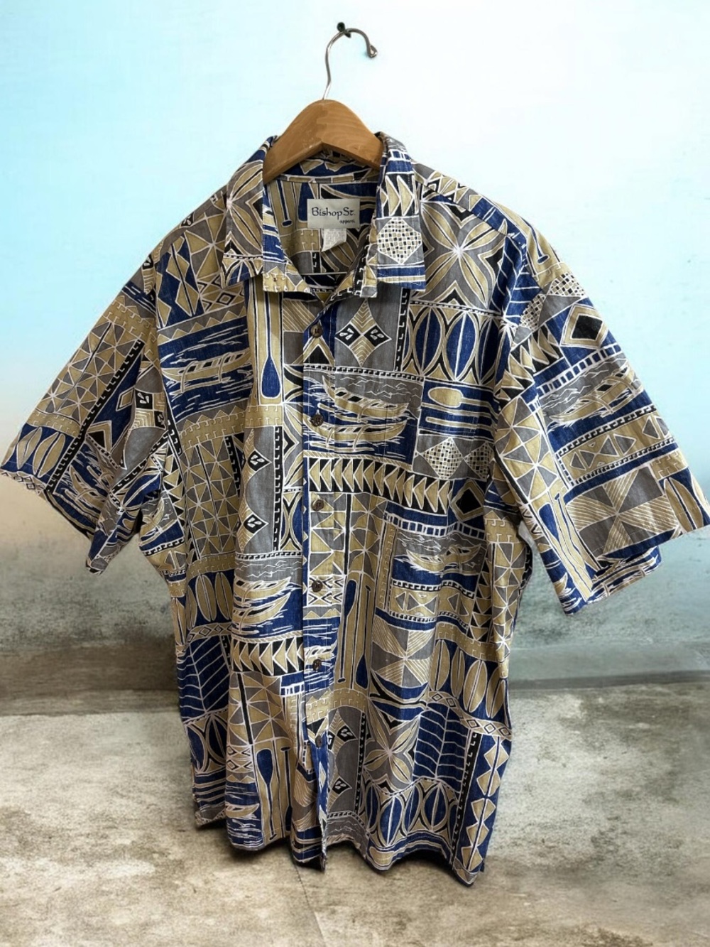 Vintage Bishop St. Hawaiian Aloha Shirt 3XL Blue Geometric Tapa Tribal Print